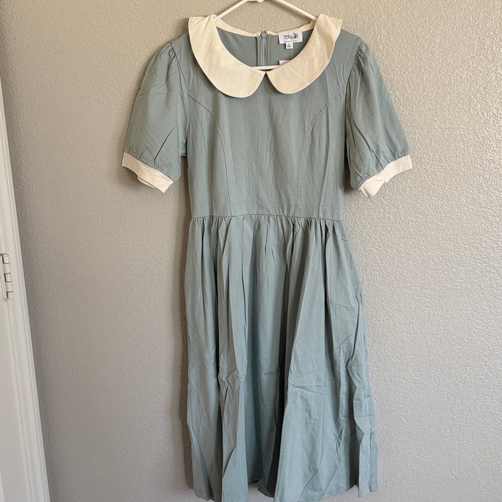 Light Blue Peter Pan Collar Midi Dress with White Trim - Women - Picture 2 of 5